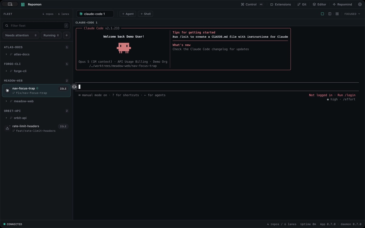 Mission Control: the fleet sidebar, a running Claude Code agent, and the toolbar for Git, Editor, Extensions, and Repomind