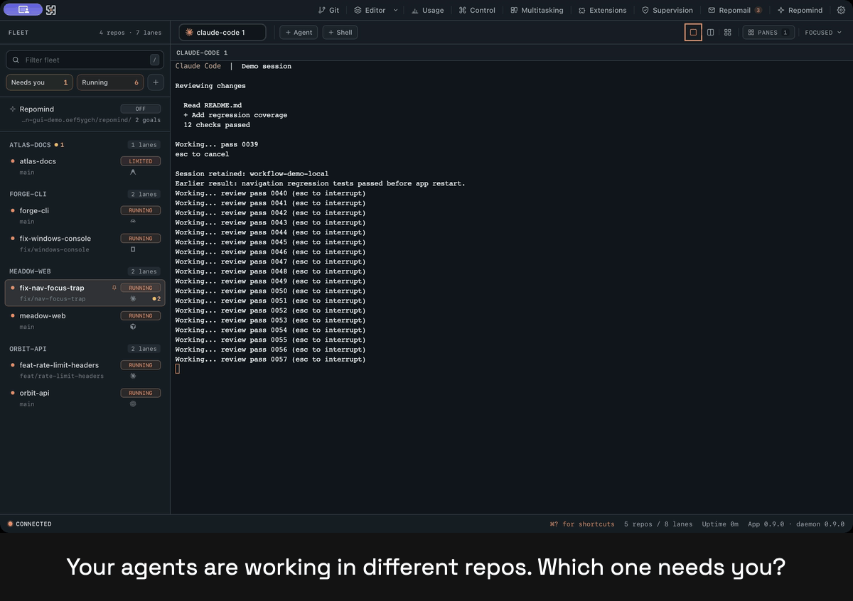 An agent needs you, you answer it from the keyboard, switch repositories, relaunch the app and the same sessions reattach